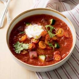Chunky Heirloom Tomato Gazpacho with Lemon Crème Fraîche Image